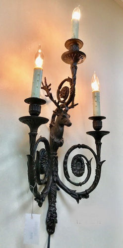 Antique Bronze Candle Wall Sconce with Deer Head