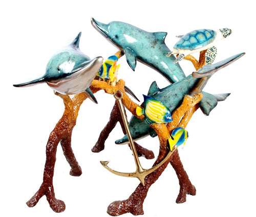 Marine Bronze Dolphin and Turtle Table Base Sculpture