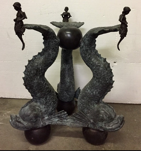 Bronze Dolphin Table Base Sculpture with 3 Cherubs