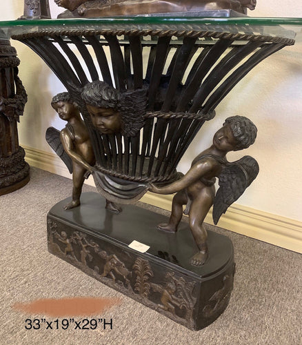 Cherubs Holding Up Vase Bronze Table Base Sculpture