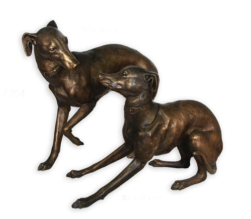Bronze Whippet Statues Showing Standing and Crouching Whippets