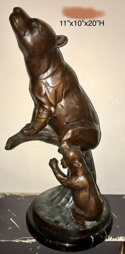 Bronze Mama Bear Hunting with Baby Bear Sculpture