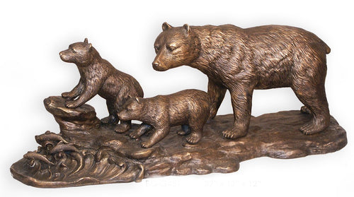 Bronze American Grizzly Bear Sculpture Hunting with Cubs