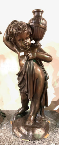 Bronze Cherub Holding Vase on Left Sculpture