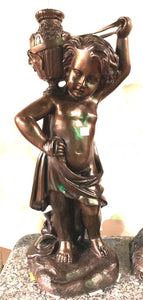 Bronze Happy Cherub Holding Vase on Right Sculpture