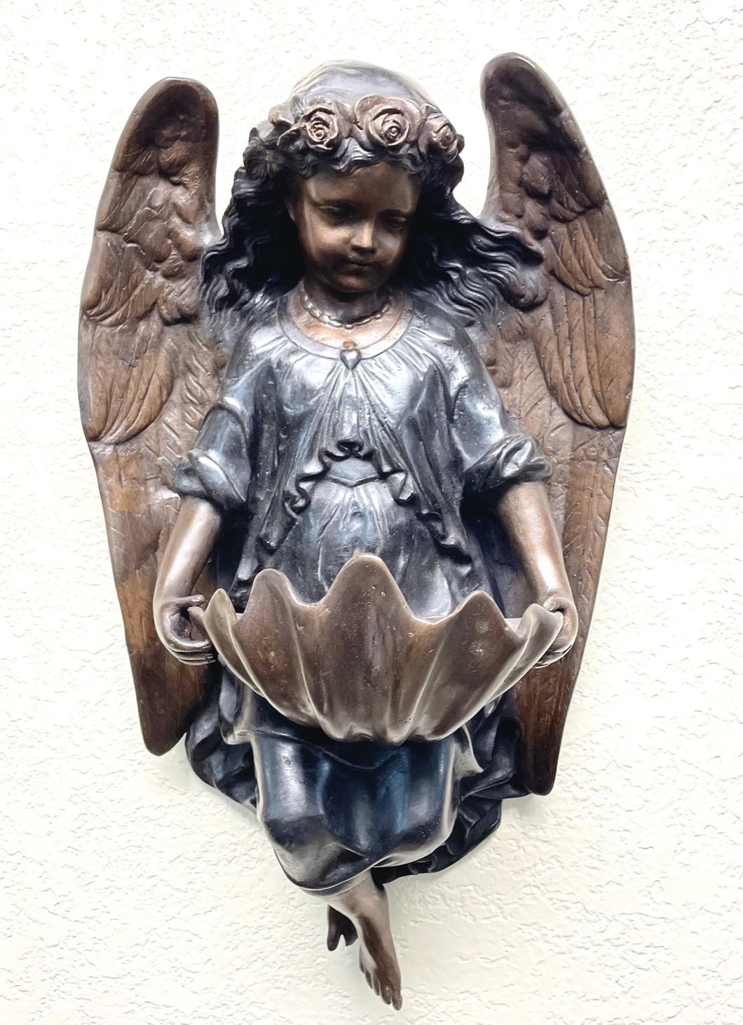 Bronze Angel Wall Bird Feeder Sculpture