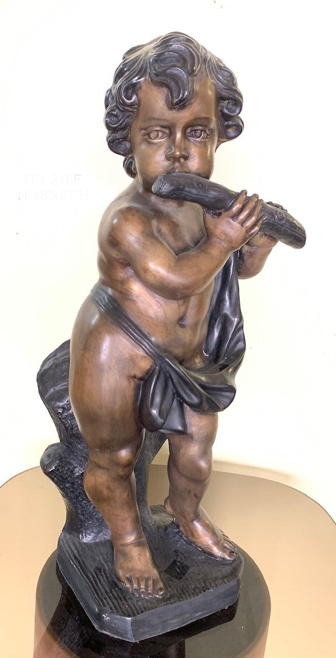 Bronze Cherub with Flute Sculpture