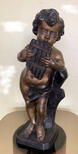 Bronze Cherub Playing Pipe Sculpture