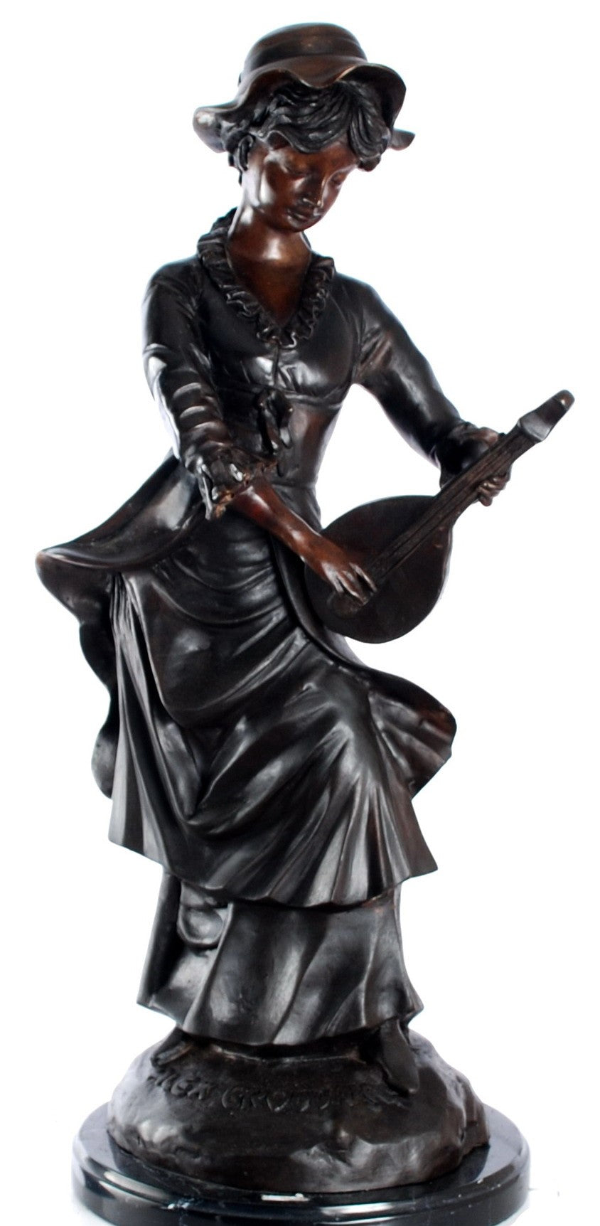 Playing Music on Her Banjo Bronze Woman Sculpture