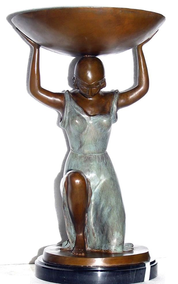 Bronze Woman Holding Tray Sculpture