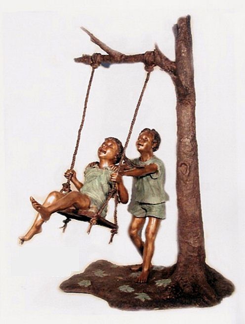 Boy and Girl Playing on a Swing Bronze Statue