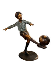 Load image into Gallery viewer, Bronze Soccer Boy Player Statue Kicking Soccer Ball