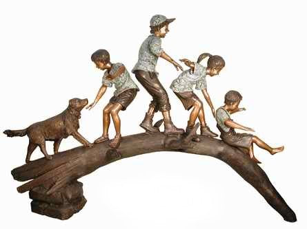 Bronze Exploring Boy and Girl Sculptures with their Dog