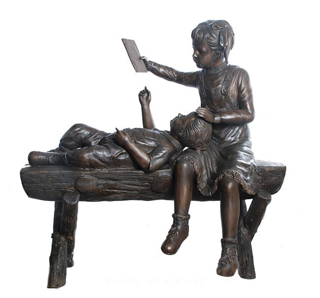 Reading Girl and Her Brother Bronze Sculpture