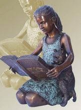 Load image into Gallery viewer, Bronze Girl Reading Book with Cat Statue