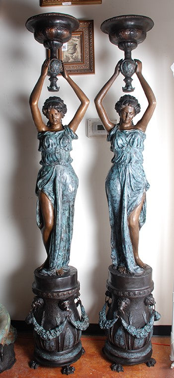 Bronze Roman Women Holding Bowls Sculpture - Pair