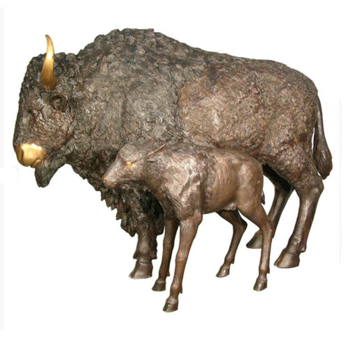 Life Size Bronze American Bison Statue with Bison Calf