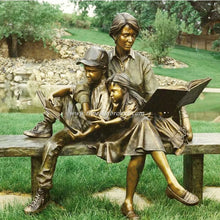 Load image into Gallery viewer, Bronze Reading Mother with Boy and Girl on Bench Statue