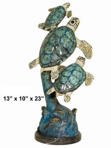 3 Turtles Swimming Amidst the Waves Bronze Sculpture