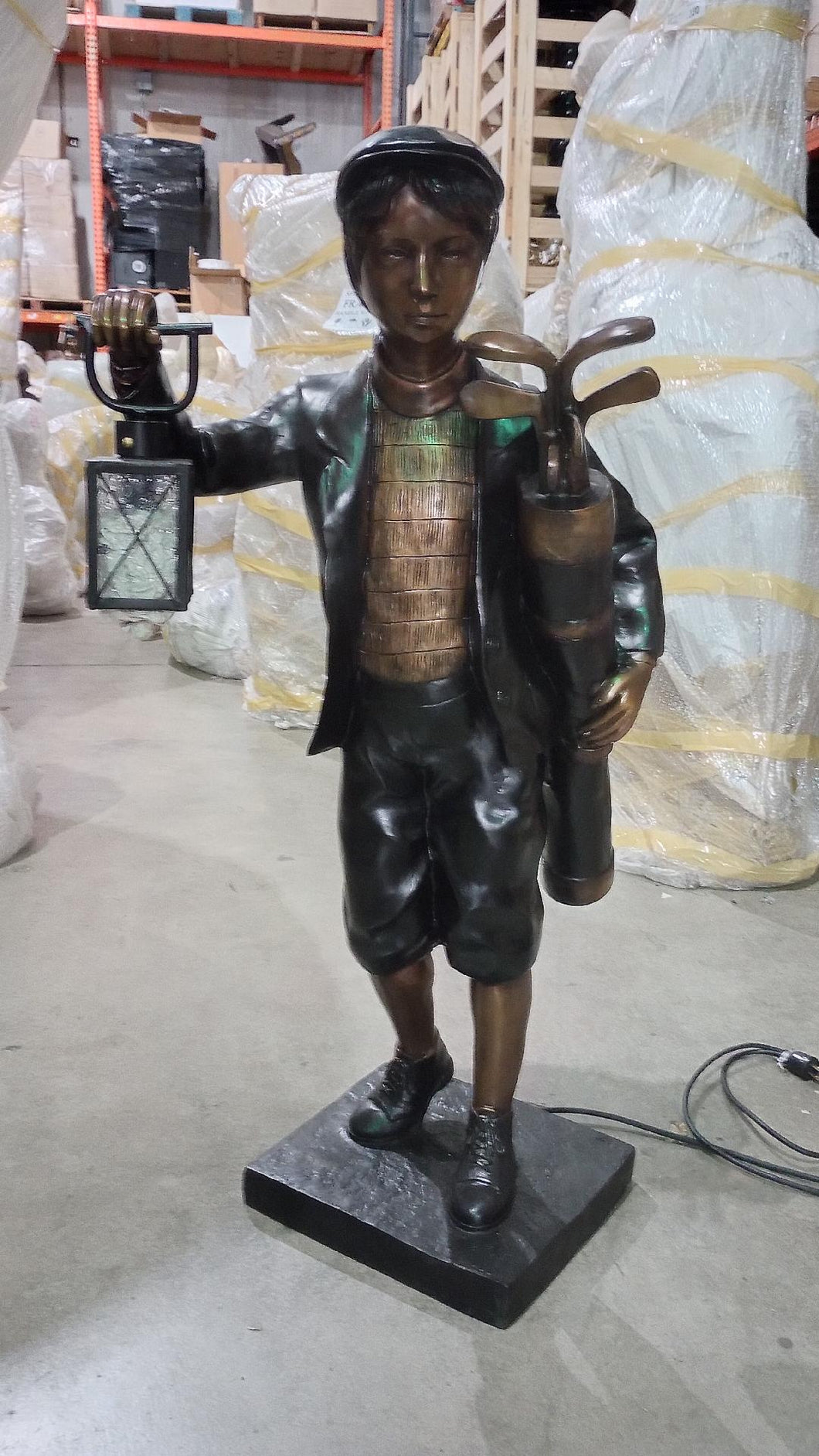 42”H Male Golf Caddy with Lantern Bronze Sculpture