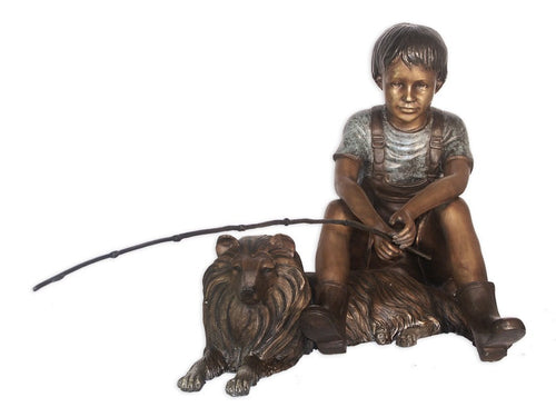 Bronze Fishing Boy Statue with his Collie Dog