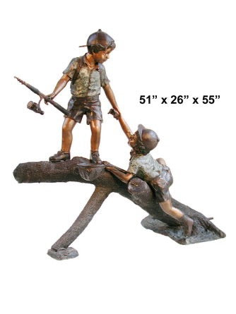 Large Bronze Fishing Boy Statue on Tree Trunk