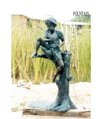 Bronze Fishing Boy Fountain Statue on Tree Trunk