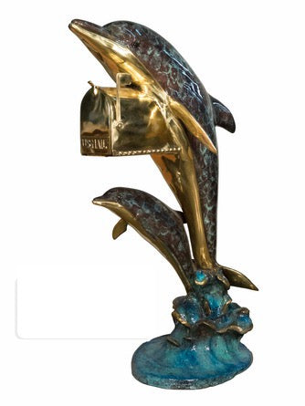 Bronze Dolphin Mailbox Statue with Gold Patina Finish