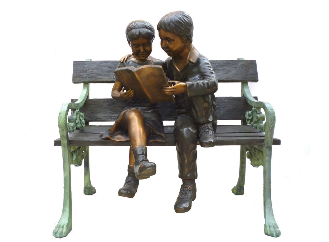 Bronze Boy and Girl Reading on a Bench Sculpture