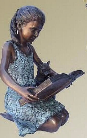 Bronze Girl Reading Book with Cat Statue