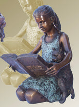 Load image into Gallery viewer, Bronze Girl Reading Book with Cat Statue