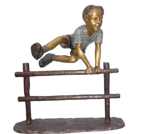 Sports Boy Jumping Over Fence Bronze Statue