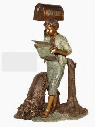 Bronze Letter Reading Boy with Spaniel Mailbox Statue