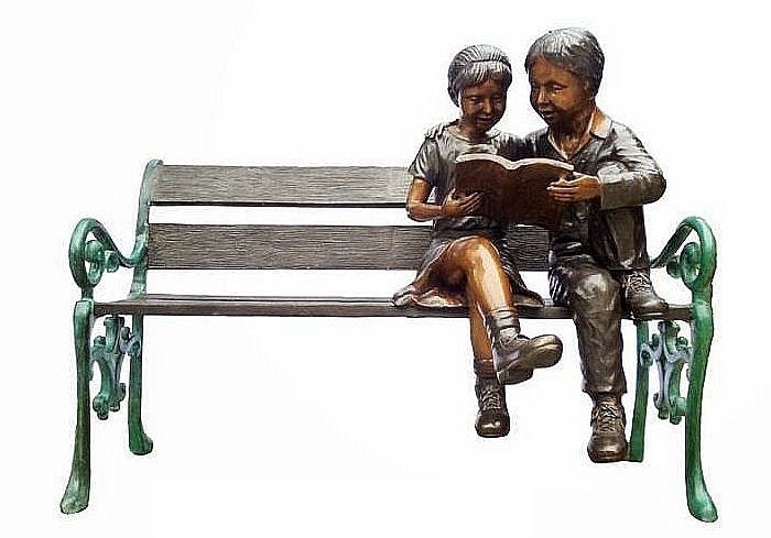 Bronze Reading Boy and Girl Library Statue