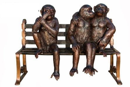 Trio of Bronze Monkey Statues on Bench