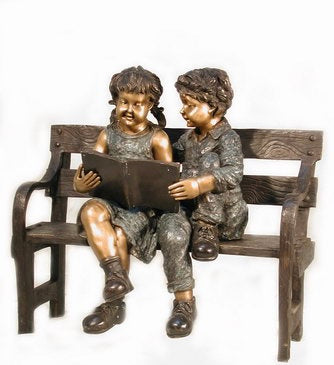 Bronze Reading Boy and Girl on a Bench Sculpture