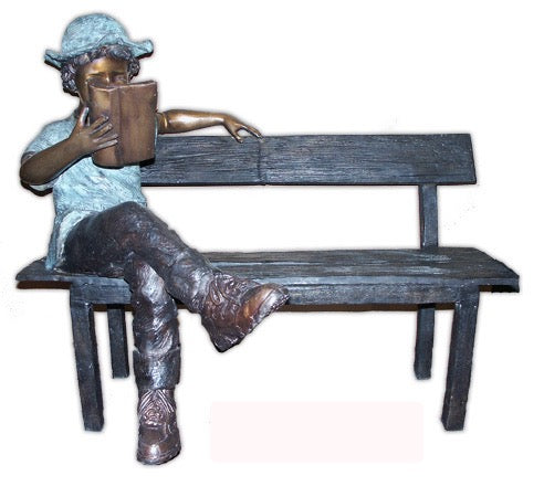 Reading Boy Sitting on a Bench Bronze Sculpture