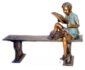 Bronze Reading Boy on a Long Bench Statue