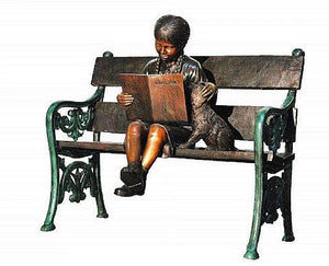 Reading Girl with Dog on a Bench Bronze Sculpture