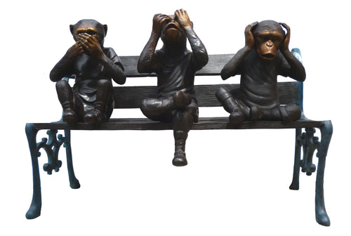 Bronze 3 Wise Monkeys on Bench Statue