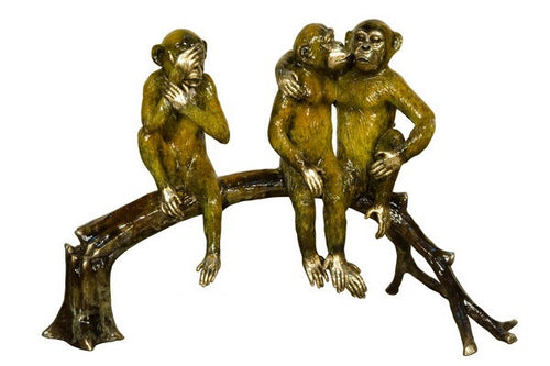3 Chimps on a Trunk Bronze Chimpanzee Statue
