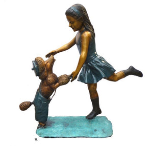 Bronze Girl Playing With Poodle Dog Statue