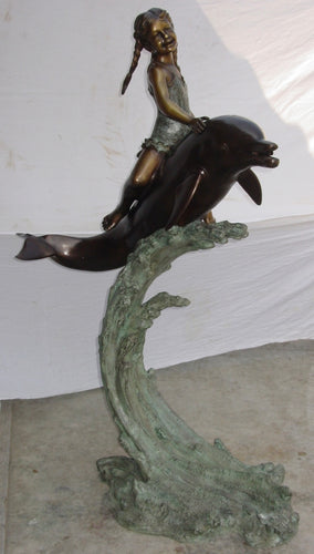 Large Bronze Girl on Dolphin Fountain Statue