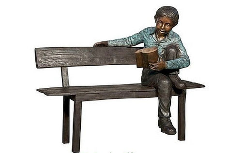 Bronze Reading Boy on Bench Sculpture