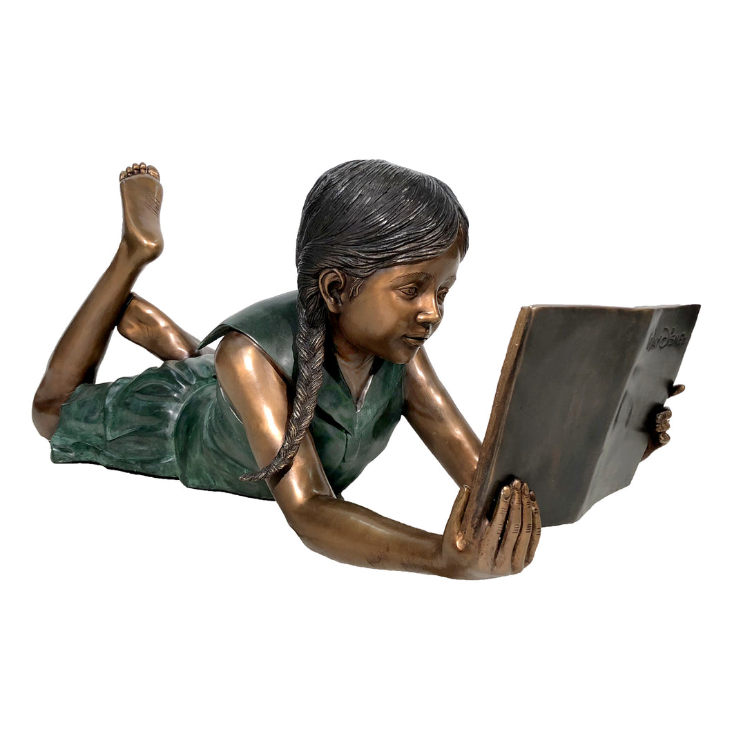 Bronze Reading Girl Sculpture Holding Book