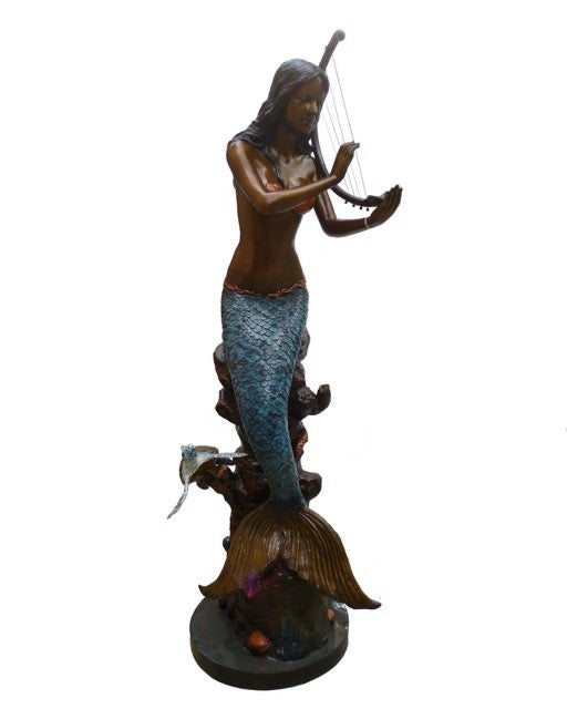 Bronze Mermaid Plays a Harp Fountain Statue