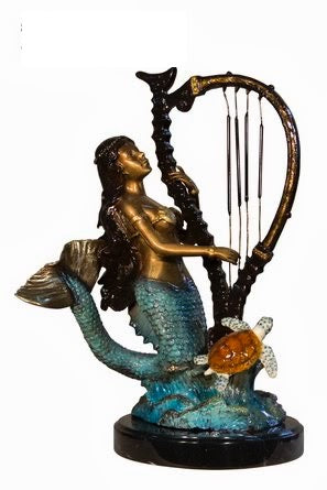 Bronze Mermaid Playing Sea Harp Sculpture