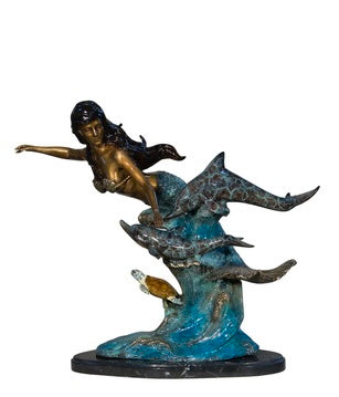 Bronze Swimming Mermaid and Dolphin Sculpture