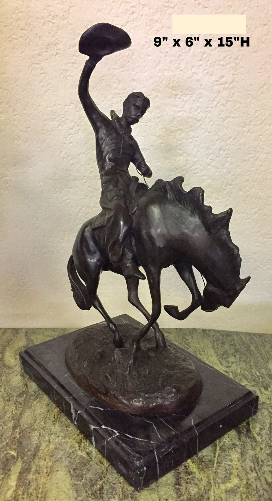 Bronze Tabletop Cowboy on Horse Sculpture