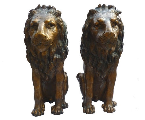 15”H Bronze Sitting Lion Sculptures Pair